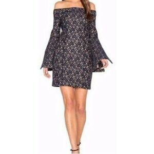 Keepsake Women's Off The Shoulder Navy Lace Bell Sleeve Mini Dress Sz Med